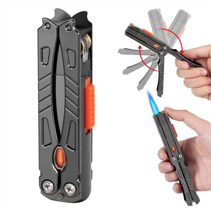 

Butterfly Knife Torch Grinding Wheel Inflatable Lighter Butane Jet Flame Adjustable Metal Windproof Lighter Smoking Gift
