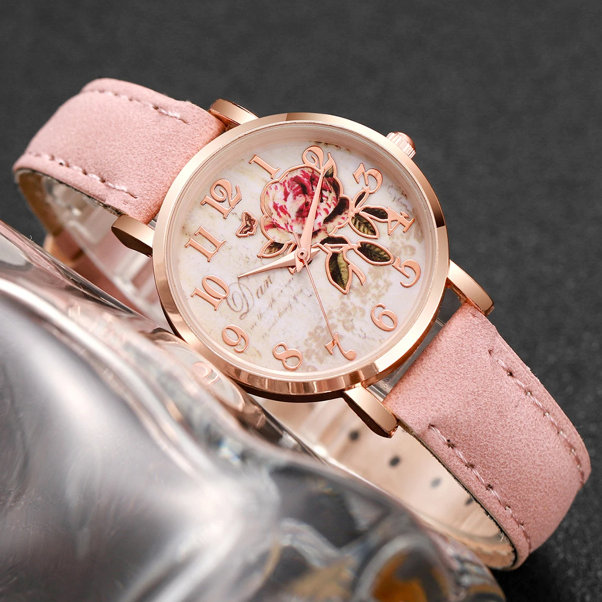 6pcs/set Women Fashion PU Leather Band Rose Dial Quartz Watch with Pink Bracelet Set (Box not included)