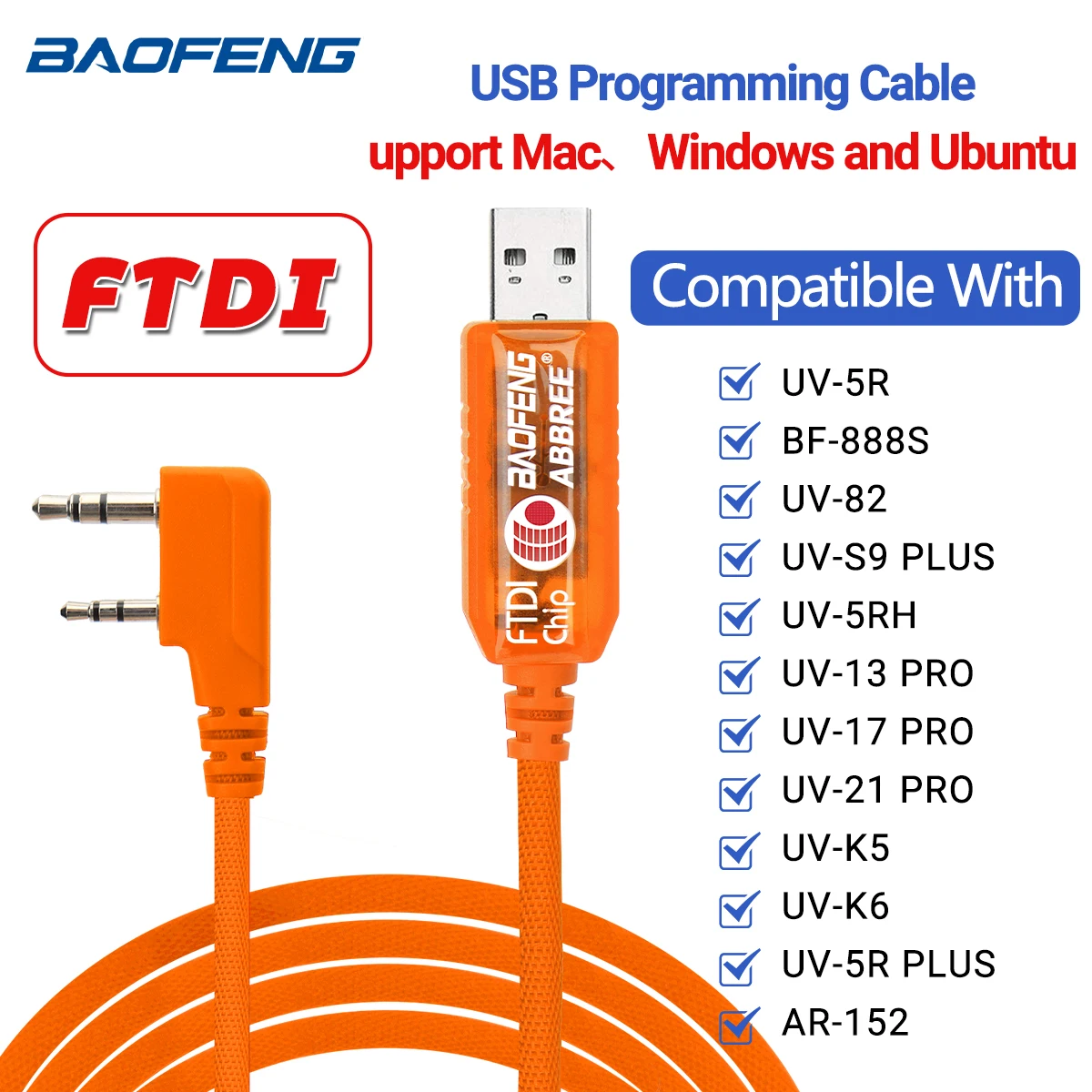 Baofeng FTDI USB Programming Cable Plug and Play For UV-5R BF-888S UV 5RH 21 pro Quansheng UV-K5 UV-K5(8) Ham Two Way Radio