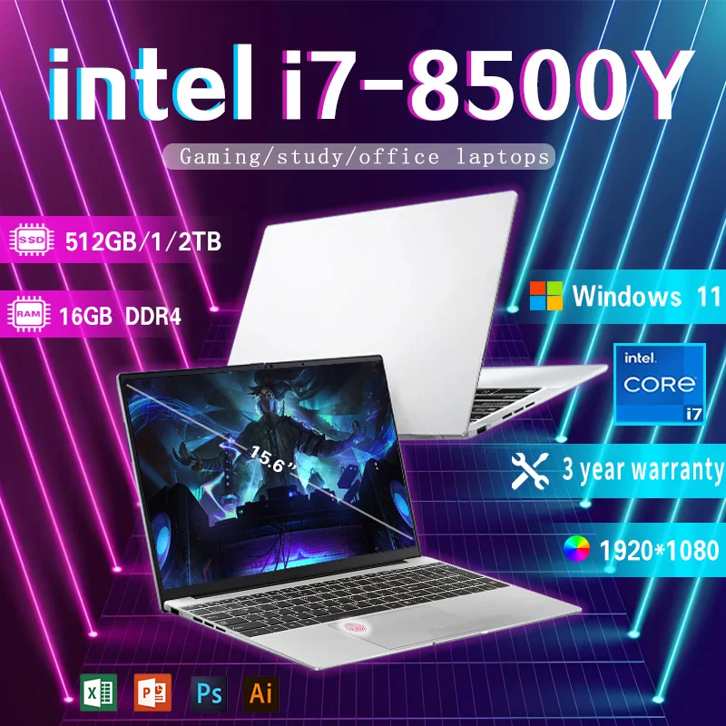 

15,6-дюймовый ноутбук Intel Core i7-8500Y Windows 11, разблокировка отпечатков пальцев, ПК, офисный учебный ноутбук, игровой компьютер, 16 ГБ ОЗУ, ноутбуки