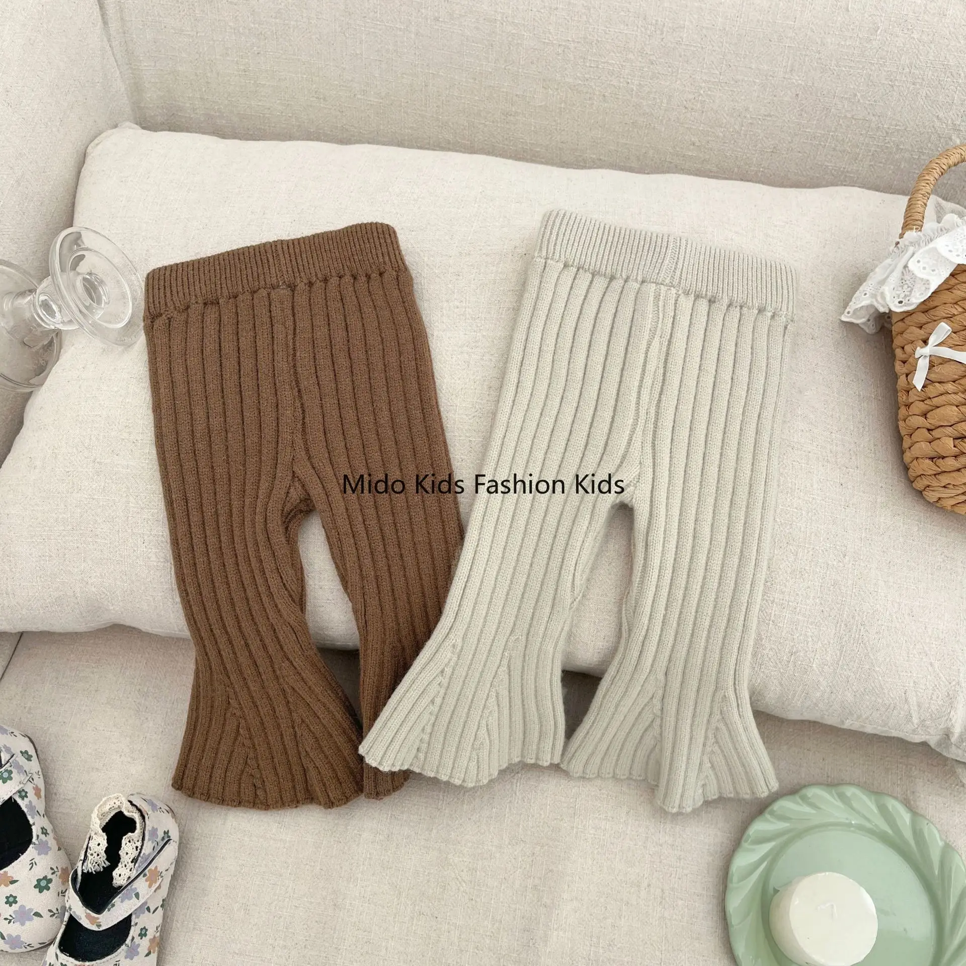 Girls spring autumn knitted woolen trousers female baby flared  soft high elastic bottoming  micro  wide-legged trousers