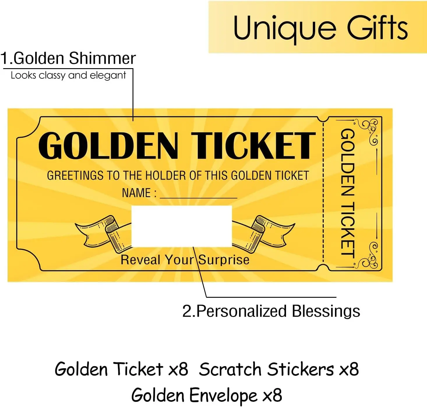 8 Pack Golden Ticket Surprise Scratch Off Cards with Envelope Premium Surprise Birthday Card