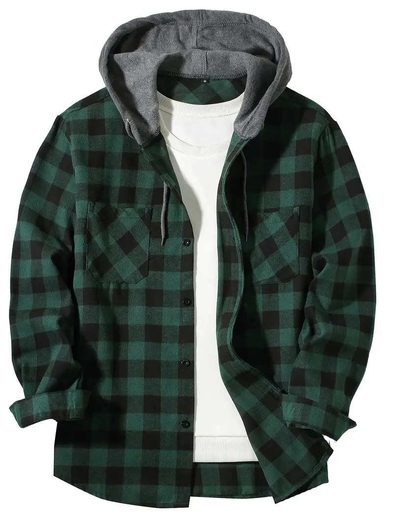 New four seasons plaid hooded shirt European and American size double bag cover hooded shirt men\'s trend slim-fit hooded shirt