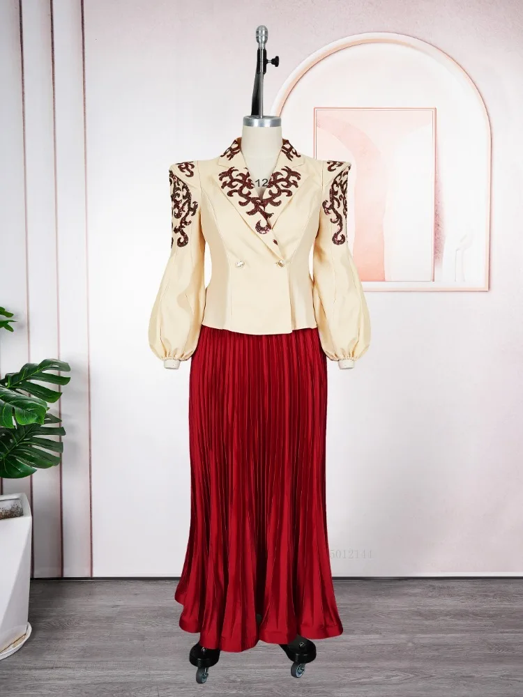 فستان أفريقي للمرأة سترة مطرزة بأكمام منتفخة فستان ماكسي مطوي أنيق لحفلات الزفاف مقاس كبير ملابس أفريقيا