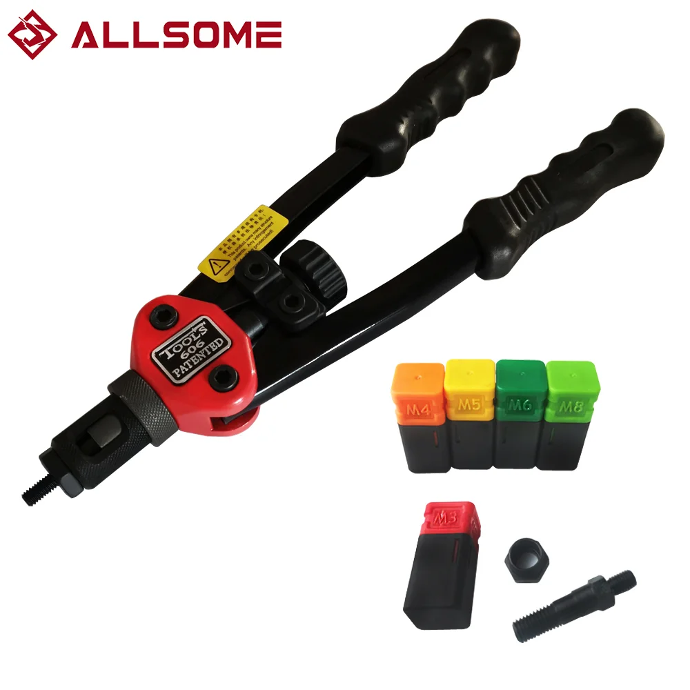 

ALLSOME BT-606 RIVET NUT TOOL Hand Blind Riveter Hand Riveter Rivet Gun with 5 Metric Mandrels 50pcs Rivnuts