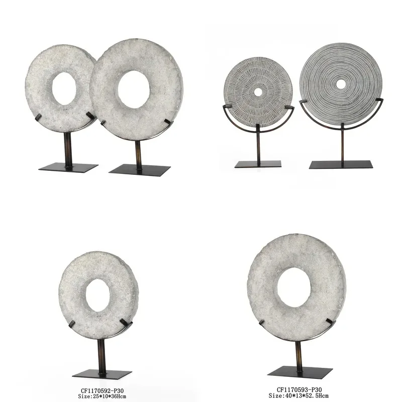 Resin Circular Hole Imitation Stone Sculpture Decoration with Metal Base for Home Decor