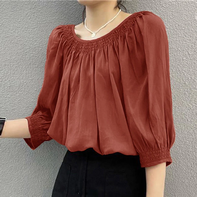 Women's Simple Chic 3/4 Lantern Sleeve Ruffled Chiffon Blouse Shirt Spring Autumn Casual O Neck Solid Loose Pullover Top Female