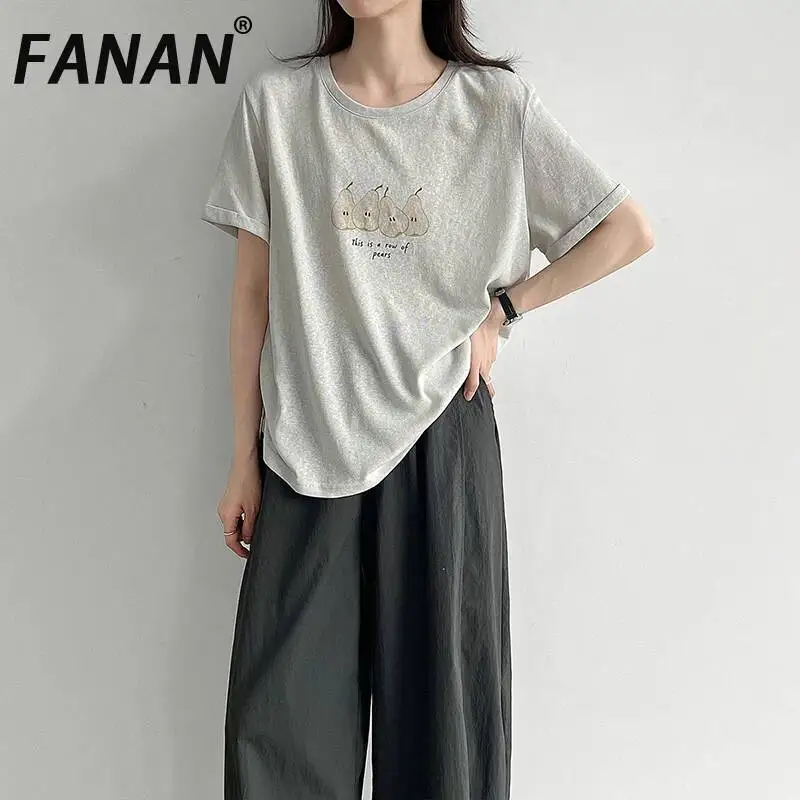 FANAN New Arrival Women Pear Graphic Print Crew Neck T Shirt Light Grey Soft Cotton Loose Short Sleeve Casual Basic Daily Tee
