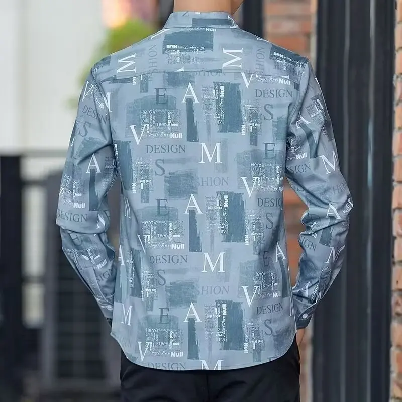 Oversized Men's Cotton Shirt Korean High-quality Pocket Shirt Full letter digital spray printed breathable top Men's Clothing