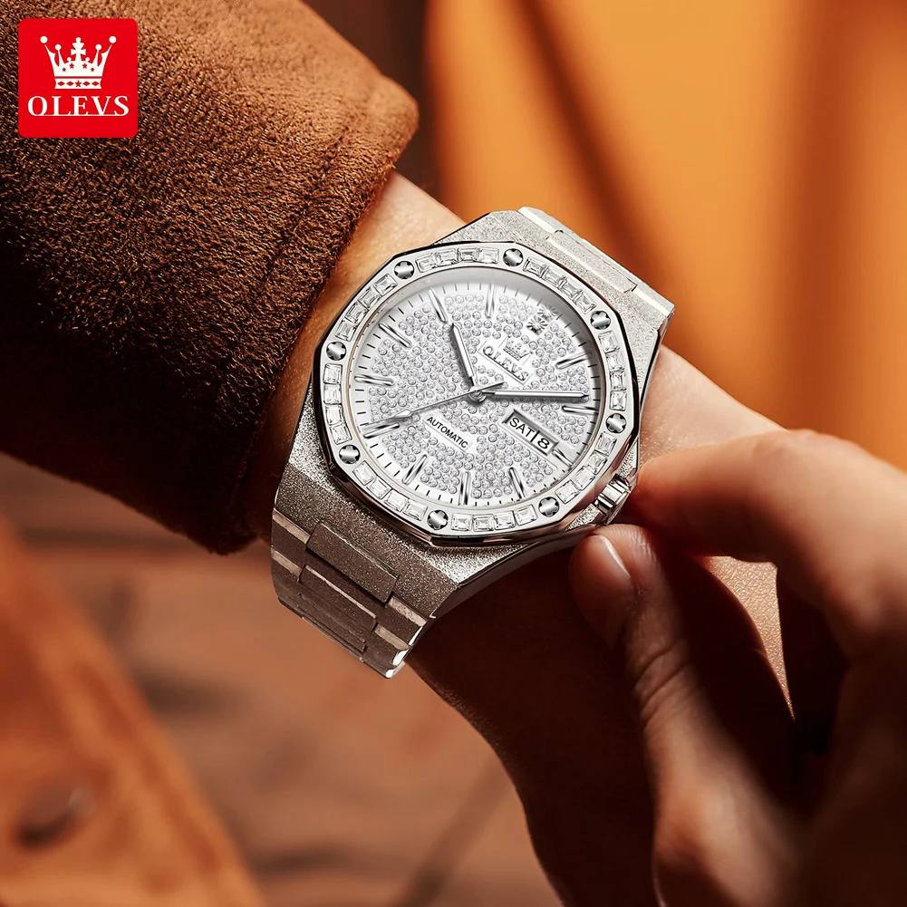 OLEVS 9803 ساعة ميكانيكية رجالية فاخرة ساعة أوتوماتيكية للرجال الفولاذ المقاوم للصدأ مقاوم للماء التقويم الماس ساعة رجالية Reloj Hombre