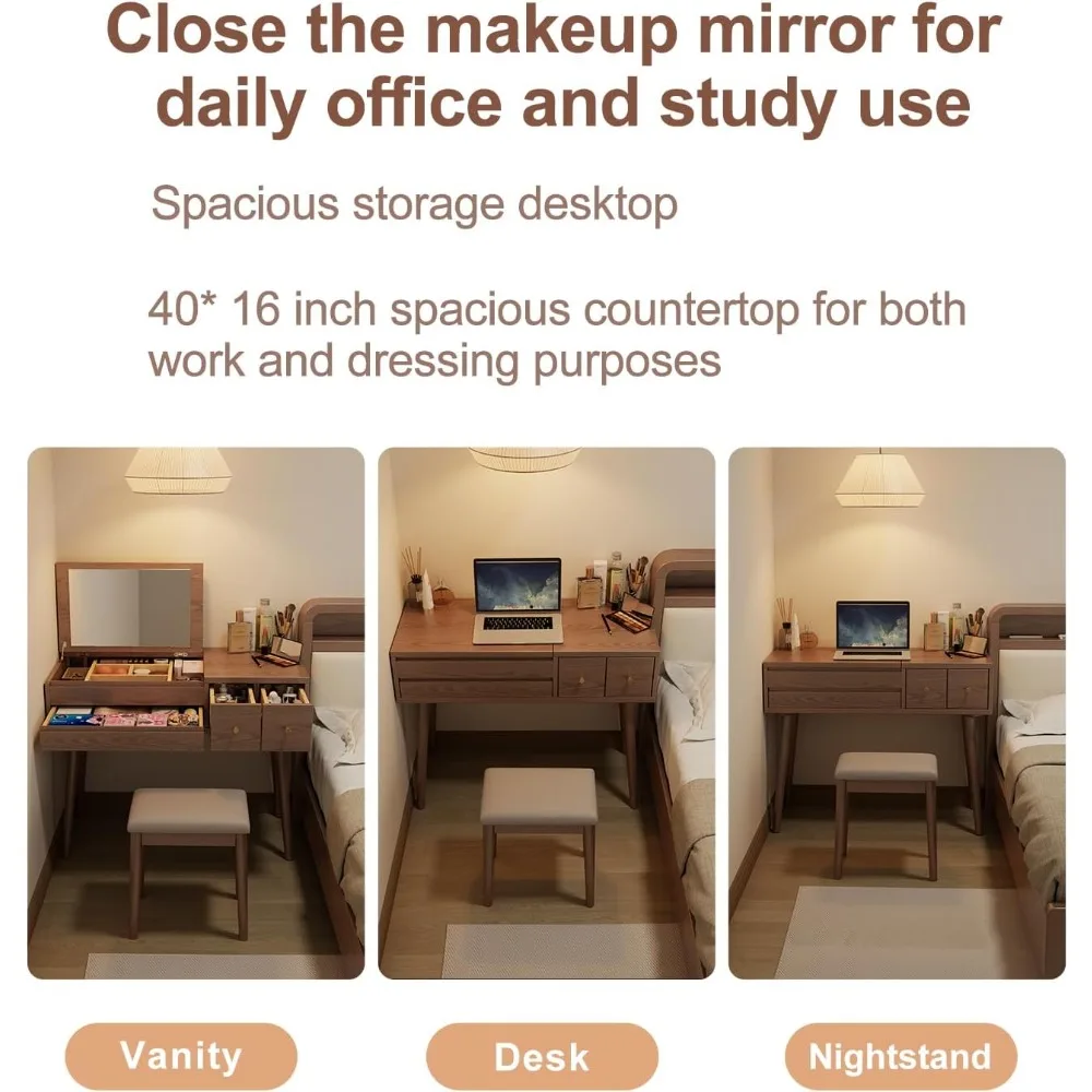 مكتب زينة خشبي مع مرآة وأضواء، مجموعة منضدة الزينة مكونة من 4 أدراج، علامة تبويب مكياج كبيرة مقاس 40 بوصة
