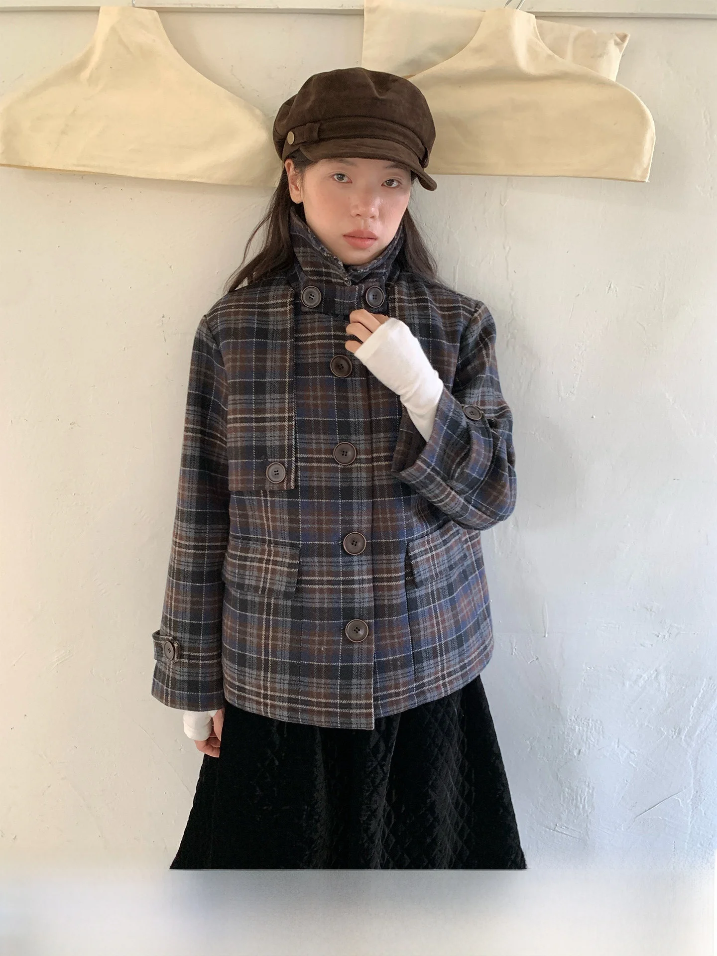 

SOOMIE Original Plaid Woolen Coat Women's Autumn Winter Loose Fit Slimming Single Button ort Coat Thi Long Sve