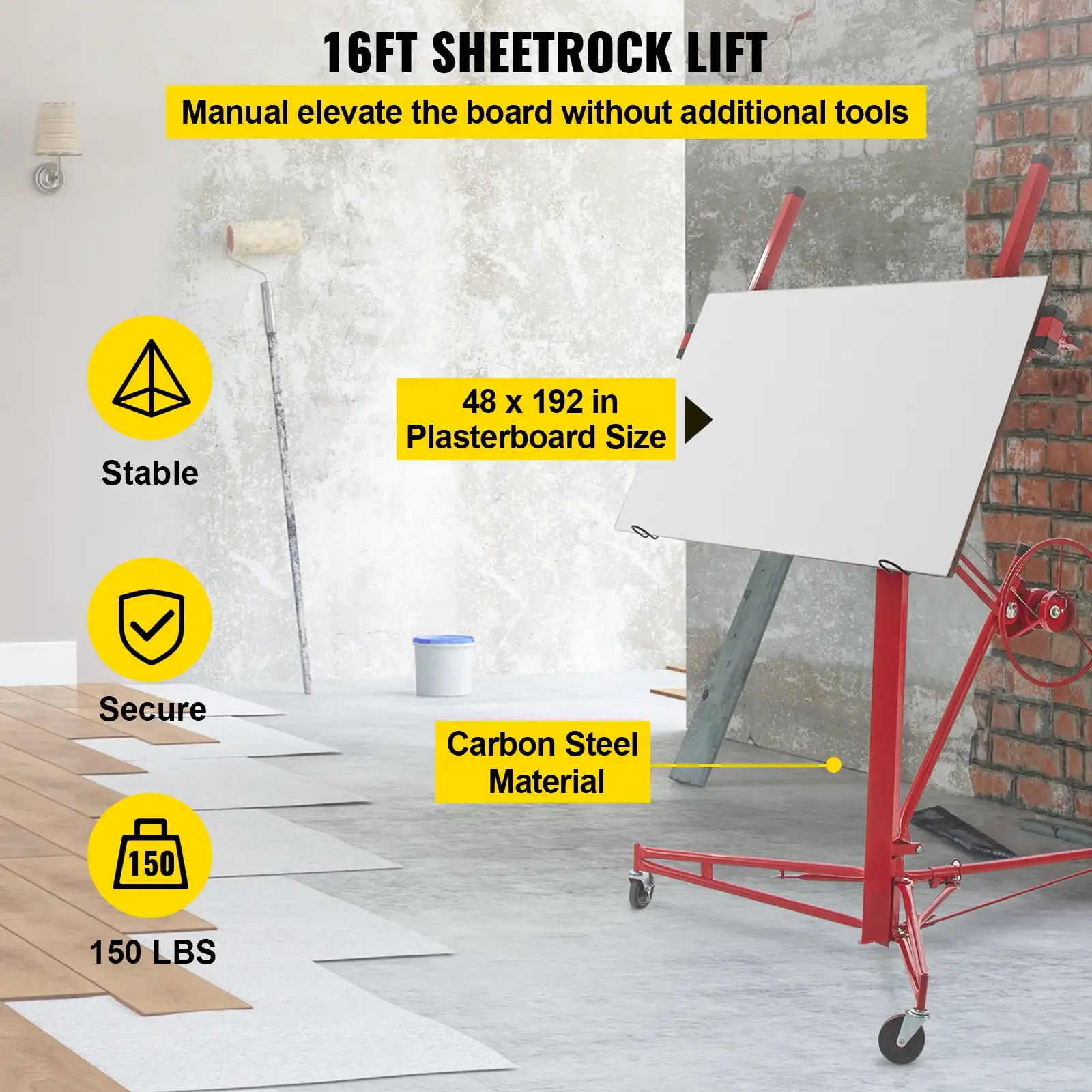 Drywall Rolling Lifter Panel, 16ft Sheetrock Lift Drywall Lift, 150lb Weight Capacity Panel Hoist Jack Tool