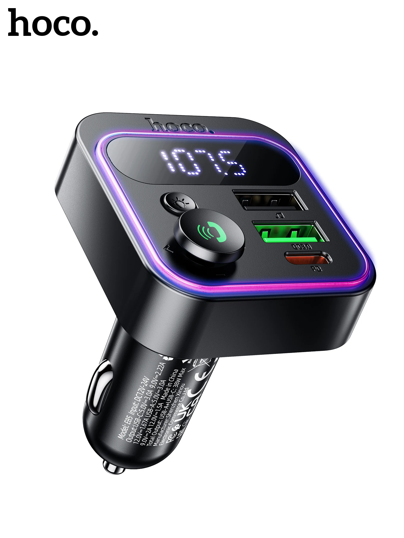 HOCO PD20W QC3.0 cargador en el coche Bluetooth 5,4 transmisor FM con luz RGB USB reproducción de disco adaptador manos 