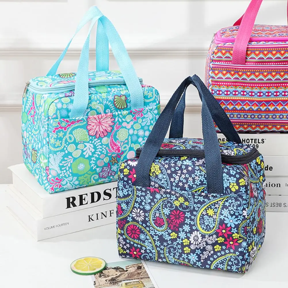 Lunch Bag Waterproof Zipper Portable Handle Thermal Cooler Oxford Cloth Floral Print Bento Box Pouch Container for School