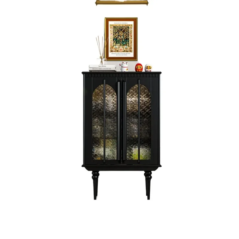 French retro solid wood side cabinet, black American side cabinet, glass wine cabinet living room display
