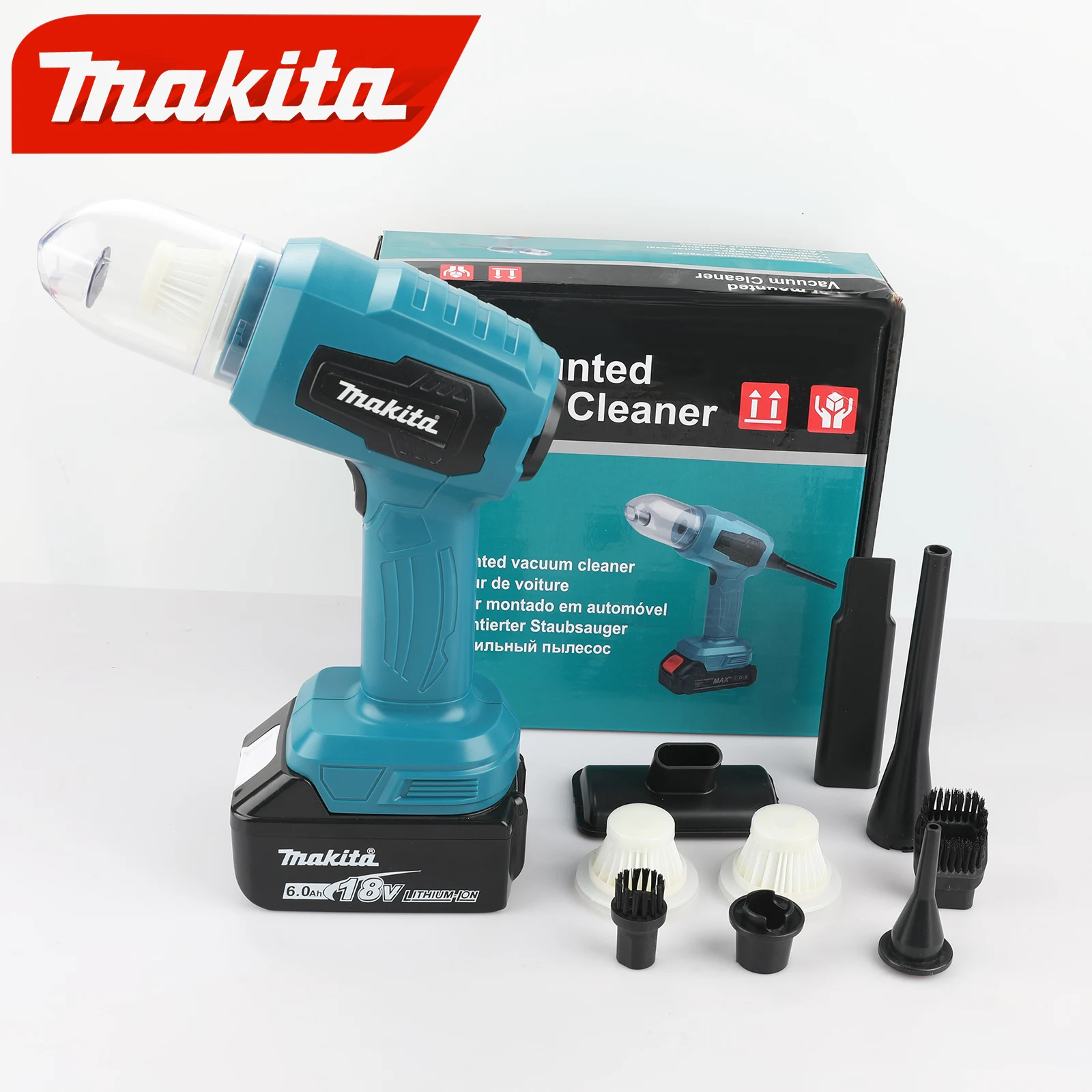 マキタ-18v-コードレス掃除機-200w-10000pa-180ml-容量-7種類のノズル-車＆作業場清掃用