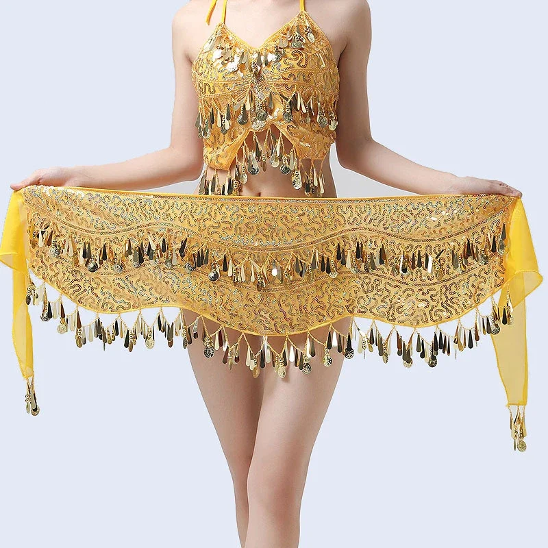 8 Colors Sexy Chiffon Belly Dancing Belt Festival Wrap Hip Scarves Sequins Coins Bollywood Dance Costumes