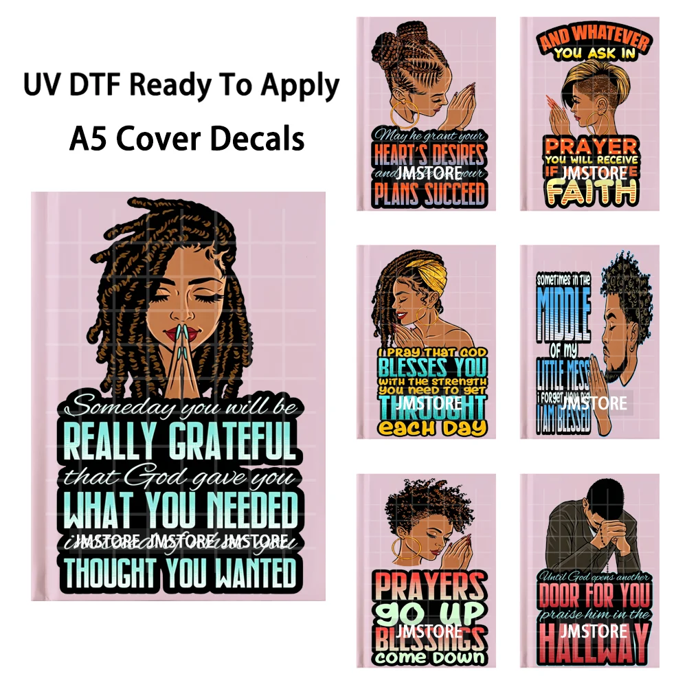 Praying Black Woman Man Christian A5 Notebook UV DTF Wraps Ready To Apply Waterproof Transfer Stickers Decals For Journal Cover