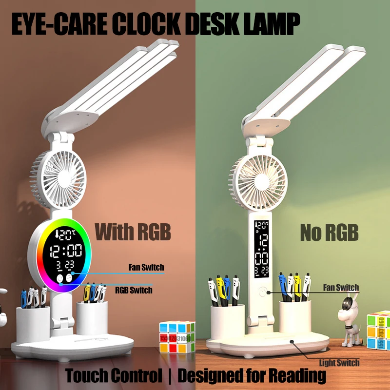 Eye-care Table Lamp Digital Clock LED Light USB 3 Color Desk Lamp Touch Control Foldable With Fan Reading Night Light