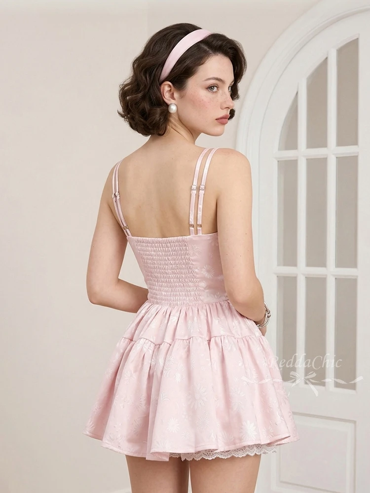 REDDACHiC Cute Floral Corset Dress Summer Party Pink Satin Splice Lace Rompers Camisole Ruffle Mini Dress Women Desire One-piece
