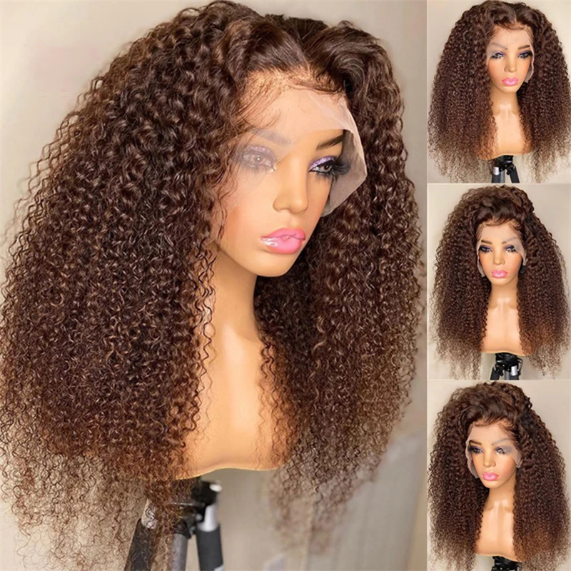 Macio longo 26 Polegada kinky encaracolado cor marrom peruca dianteira do laço para preto feminino com sintético preplucked sem cola cabelo do bebê diariamente