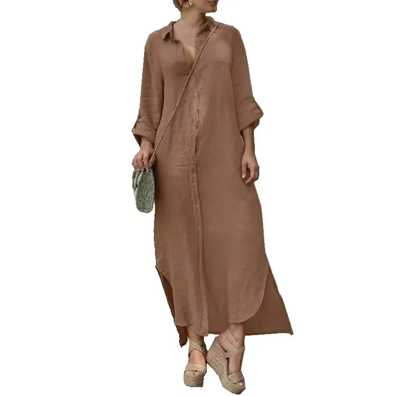 Spring/Summer Women\'s plus size Cotton and Linen Long Sleeved Loose Fitting Dress Solid Color Lapel Button Loose Casual Dress