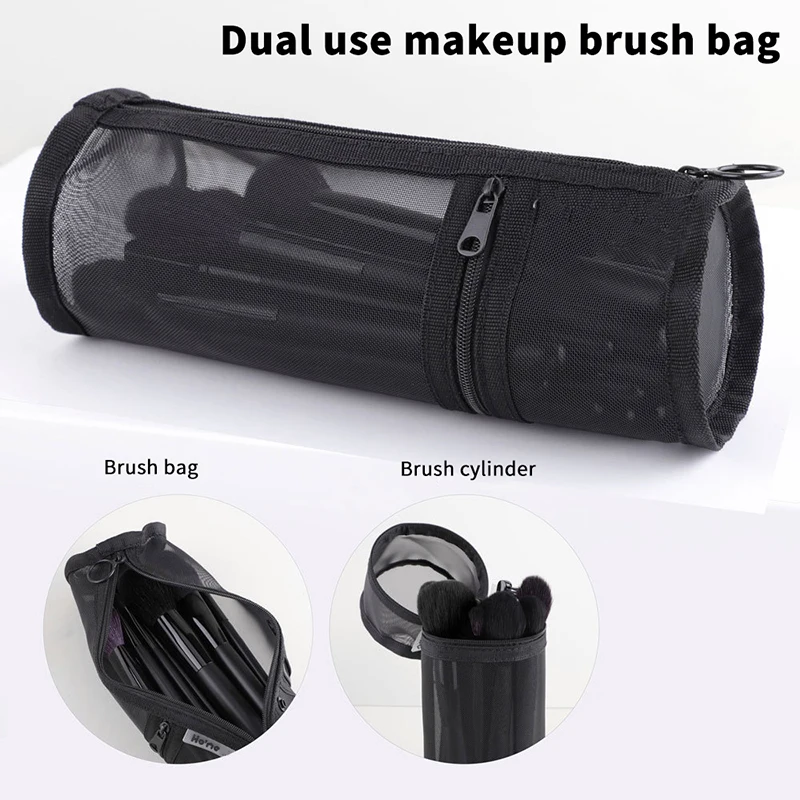 1Pc Mesh 2-in-1 Makeup Brushes Holder - Travel Cosmetic Bag, Stand-up Pouch for Brushes/Pens