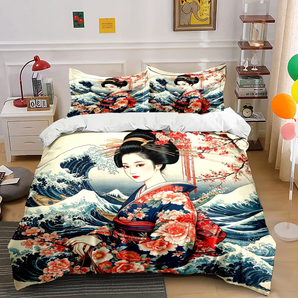 Vintage Japanese Geisha The Great Wave Kanagawa Peony Bedding Set,Classic Ukiyo-e Floral Ocean Print 1 Duvet Cover 2 Pillowcase