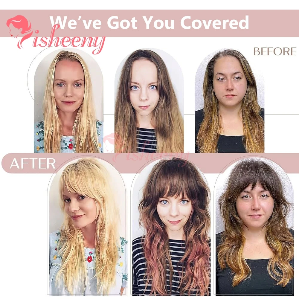 isheeny 8 polegadas-14 polegadas 360 °   3D cobertura completa postiços preto marrom loiro toppers de cabelo com franja para mulher em linha reta cabelo humano real