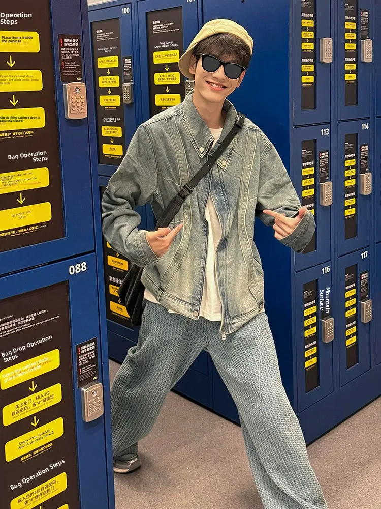 

Светло-голубая деконструированная джинсовая куртка для мужчин, весна-осень, модная, премиум-класса, с воротником, в американском ретро-стиле