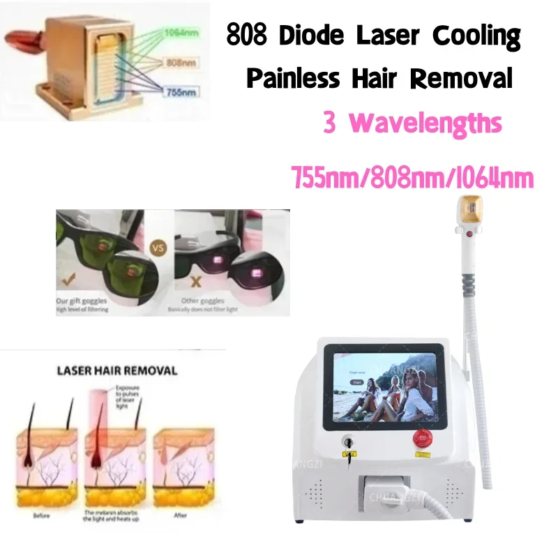 Diode Laser Hair Removal Machine, Alexandrit Permanent Removal, Cooling Head, Painless Laser Epilator, 808nm, 755, 1064