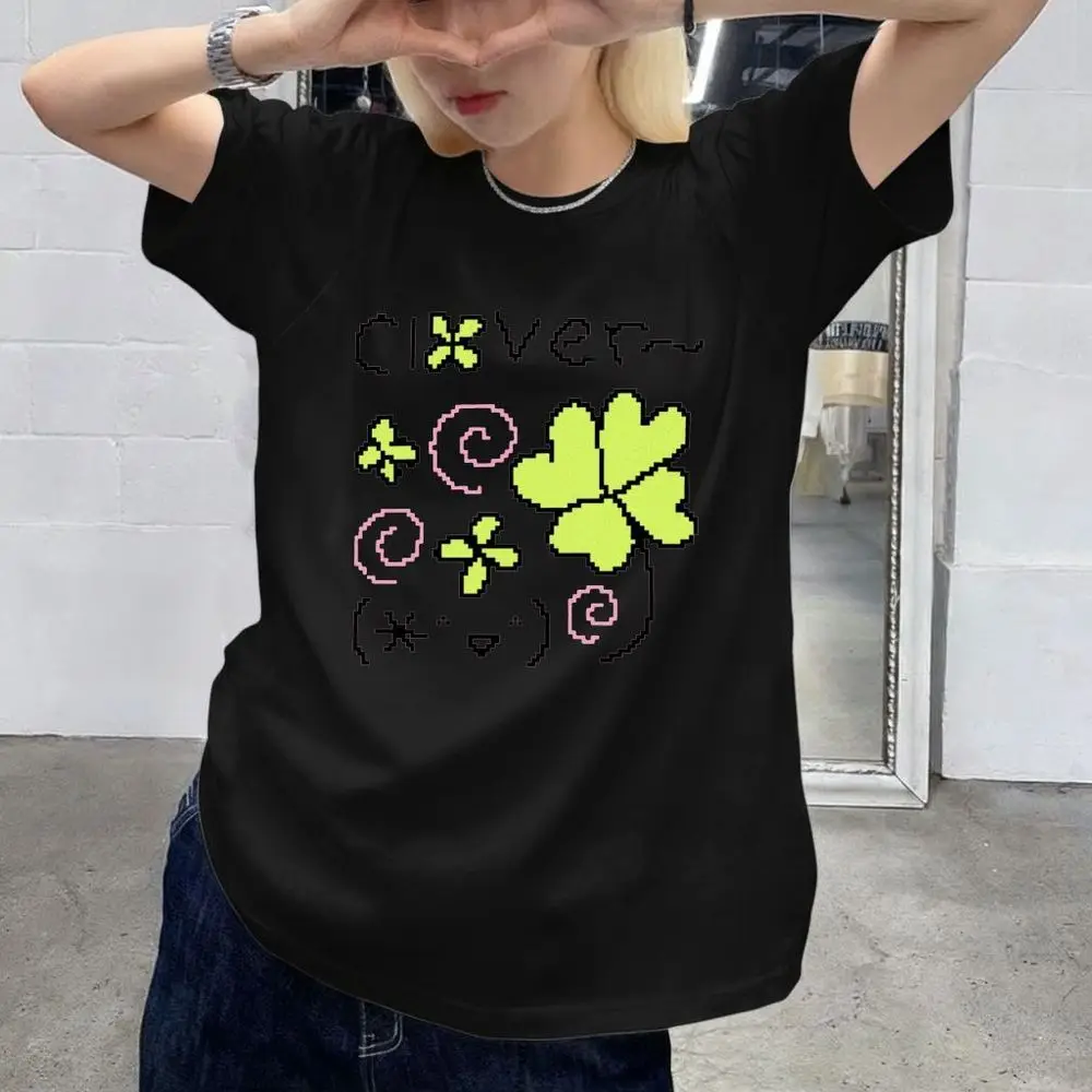 Clover Graphic T-Shirt Women Summer Short Sleeve Pixel Plant Print Vintage Top Y2k Clothes with Many Reviews From Koreans Promo