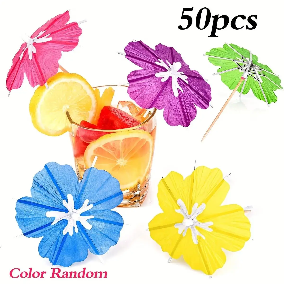 Tropische Blumen-Schirm-Cocktailspieße für Hochzeiten, Sommer, hawaiianische Geburtstagsfeiern, Dekoration, Cupcake-Topper, Lebensmittel- und Obstspieße