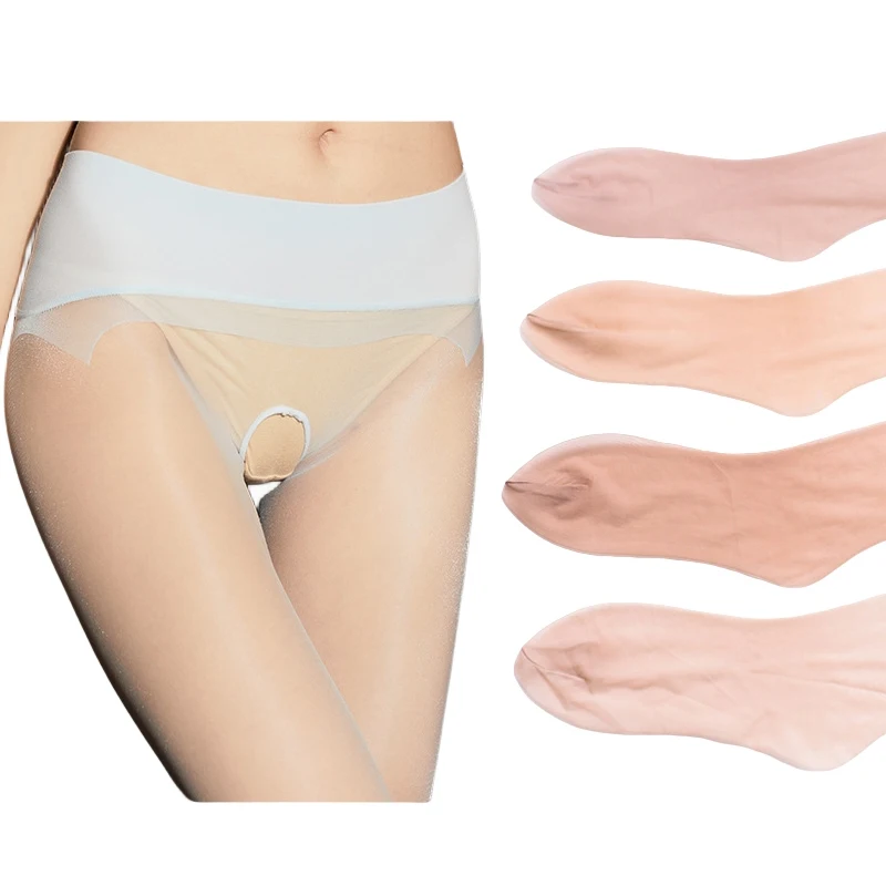 Summer Women's 1 Denier Ultra-thin Mid Rise Waist Sheer 360° Seamless Silk Pantyhose Ladies Pastel Blue Pink Crotchless Tights