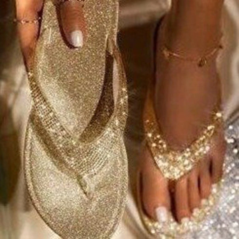 2022 Women's Flip Flop Slippers Slides Bling Rhinestone Ladies Shoes Casual Summer Flat Female Crystal Glitter Woman Plus Size