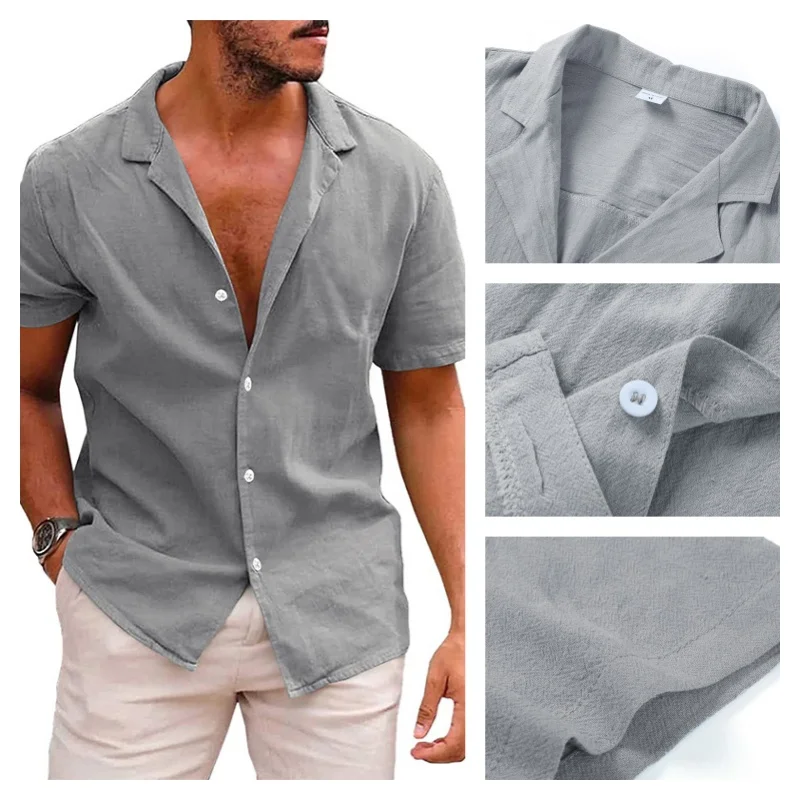 

Summer Cotton Linen Shirts For Men Casual Short Sleeved Shirts Blouses Solid Turn-Down Collar Formal Beach Shirts Male Clothing