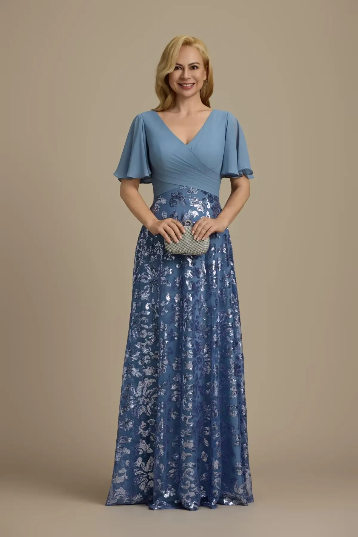 Блестящие пайетки Платья для матери невесты с развевающимися рукавами Плиссированное вечернее платье