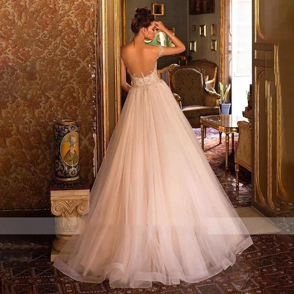 فساتين زفاف Flavinke مخصصة برقبة سكوب من التل على شكل حرف a وأكمام قصيرة مطرز بالخرز فساتين العروس الأميرة فيستدو دي نوفيا