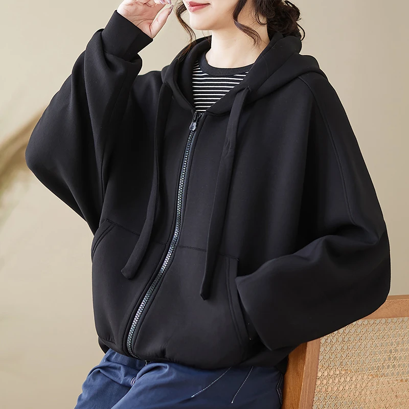 Damska bluza z kapturem, wyszczuplająca talię, zapinana na zamek, rozpinana, uniwersalna, prosta odzież wierzchnia.