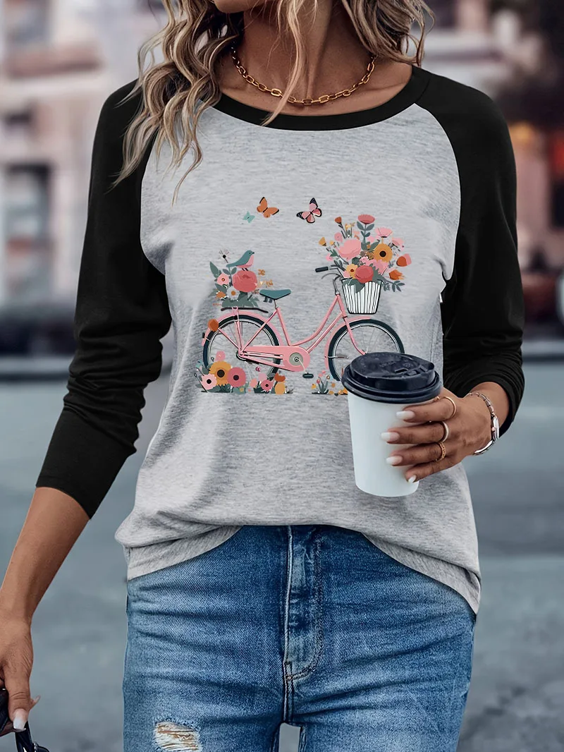 Lustiges Fahrrad mit Blumen- und Schmetterlingsdruck, lässiges Langarm-T-Shirt, Winter-Herbst-Grafik, lockeres, bequemes T-Shirt für Damen – Detail 2