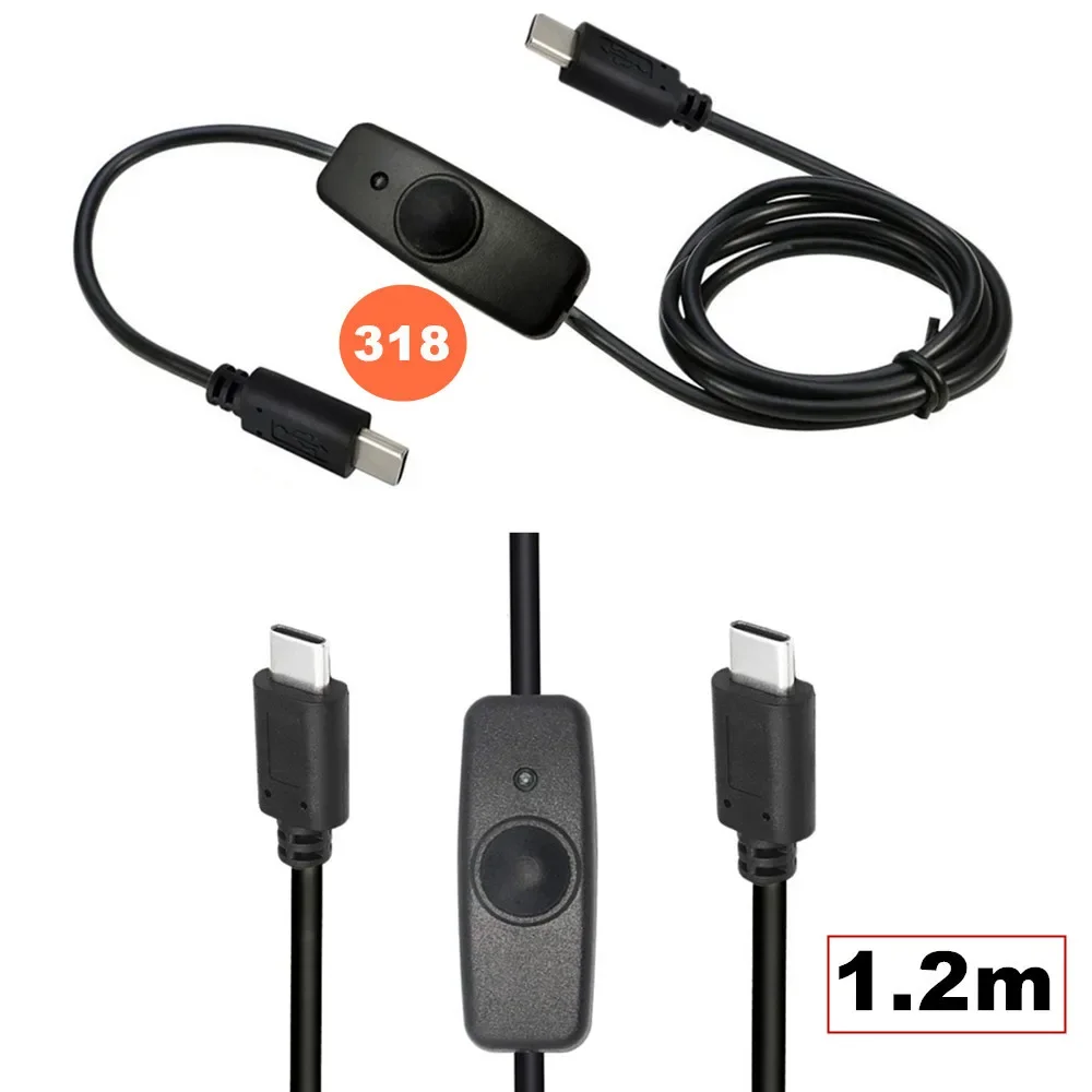 USB 2.0 Type-C male  to male power extension cable with LED light, 318 toggle button switch controller cable, 2A 1.2m