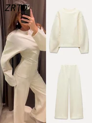 Casual Solid Top Pants Women Set Fashion Long Sleeve O-neck Pleated Tops Wide Leg Trousers 2024 Autumn Vacation Lady Suit