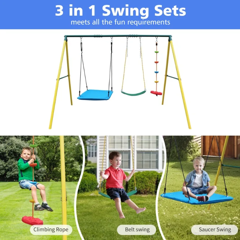 Multi-Swing Set voor kinderen met schotel en zweefvliegtuig Buiten Achtertuin Speeltuin Schommelcombinatie Multi-activiteit speelgoed voor kinderen
