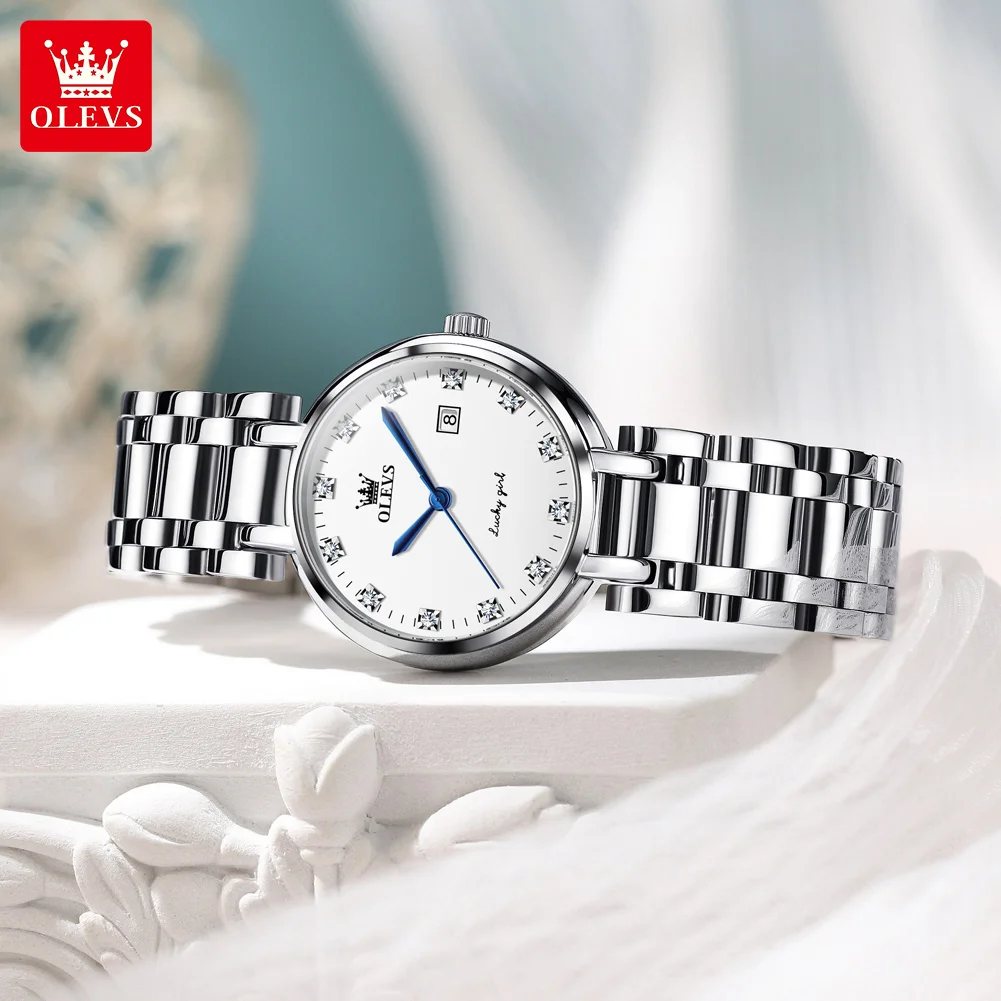 OLEVS 5575 브랜드 여성용 쿼츠 손목시계, 우아한 다이아몬드 다이얼, 달력, 스테인레스 스틸 스트랩, 방수 캐주얼 숙녀 시계