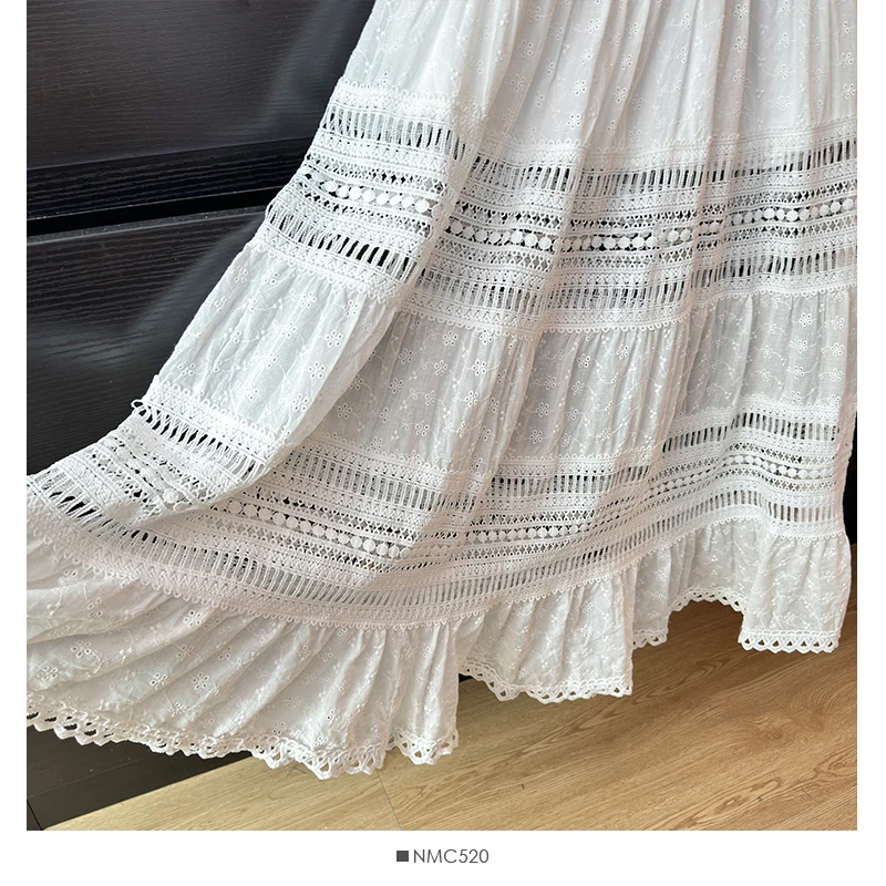 Eyelet Lace Maxi Skirt Cut-out Elastic Waist Sheer Flowy White Long Skirt Women Boho Summer Fairycore Vacation Beach Outfit