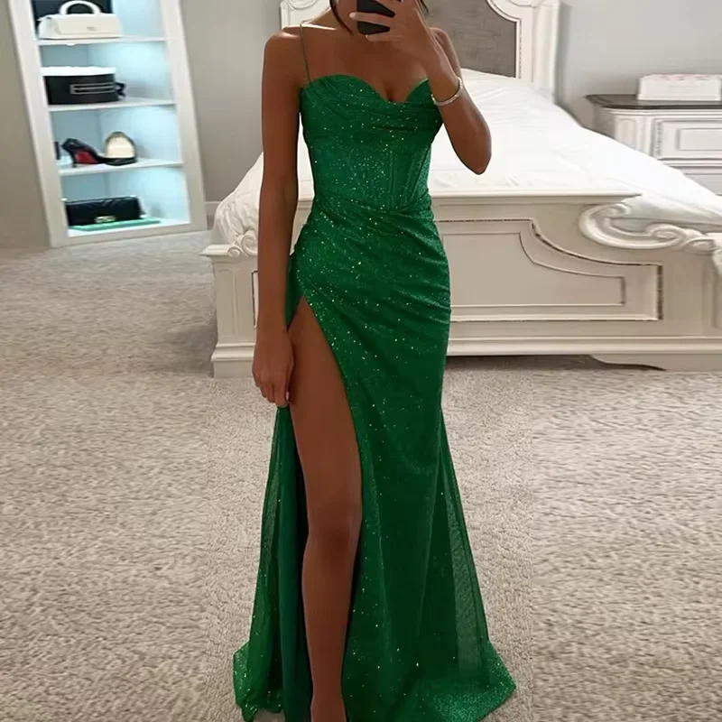 Women Elegant Slim Fit High Slit Backless Long Party Dress, Sexy Club V Neck Sleeveless Dress, Spring Summer 2024 Newest Vestido