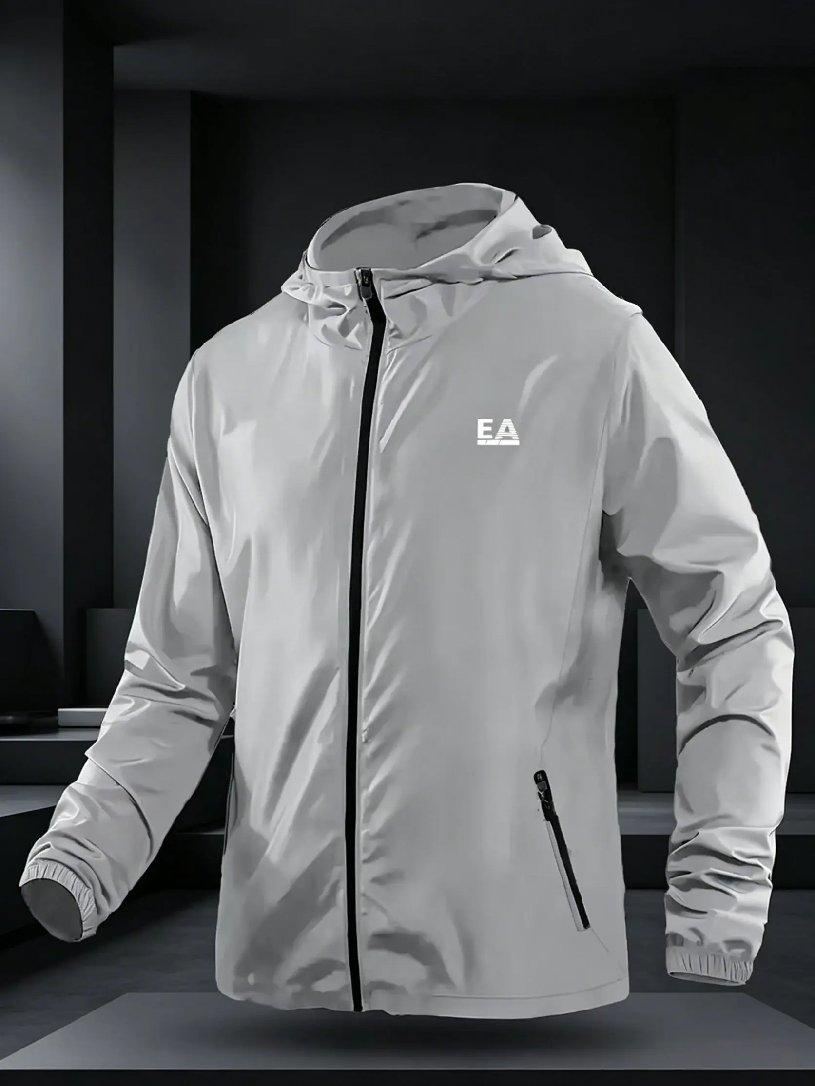 Men's EA Letter Logo Hooded Windbreaker Jacket Lightweight Waterproof Casual Outdoor Zip-Up Coat image 4