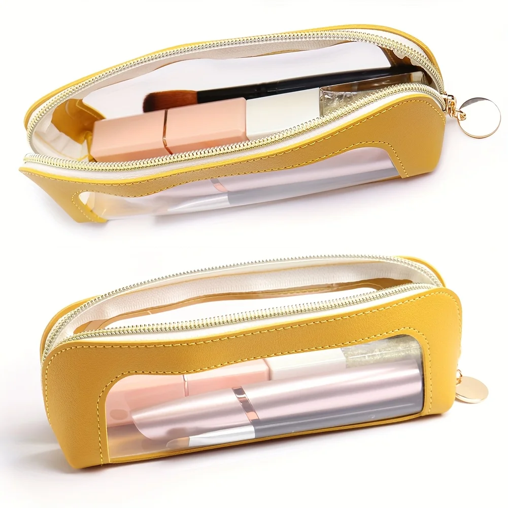 Bolsa de maquiagem portátil com janela transparente, material tpu, bolsa cosmética com zíper para batom/escova/caneta, viagem leve