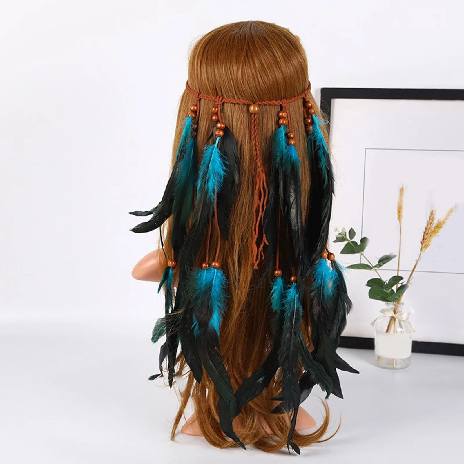 2024 New Fashion Boho Feather Headband Wig Beaded Feather Headdress Handmade Hair Clip Girl Carnival Festival Cosplay Headwear